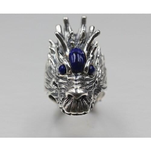 Real 925 sterling silver domineering personality dragon head male ring lapis lazuli inlaid dragon head ring