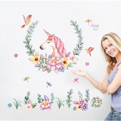 Unicorn Bird Flower Wall Stickers For Kids Room Children Bedroom Living Room Wall Decal Poster Mural