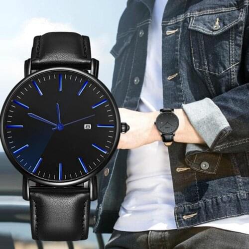 2019 New Simple Business Men Minimalist Calendar Round Dial Faux Leather Band Quartz Wrist Watch Mens and womens fashion quar