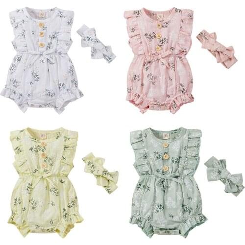 Baby Clothes Floral Print Clothes Set Girls Sleeveless O-neck Jumpsuit With Ruffles Bow-knot Headband Childrens Clothing Set