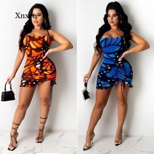 Butterfly Print Spaghetti Strap Mini Dresses Womens Sheer Mesh Summer Backless Bodycon Party Club Sexy Dress Y2K Night Out Robes