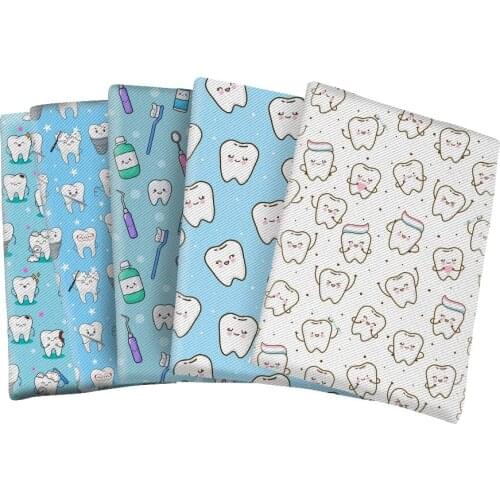 Cute Tooth Cartoon Printed Twill Polyester Cotton Fabric for DIY Hair Bow Scarf Home Textiles Materials 50*145cm