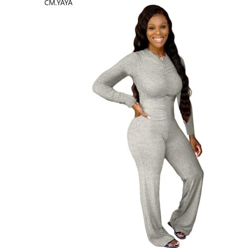 CM.YAYA Women Solid V-neck Long Sleeve Classic Fashion Stacked Flare Jumpsuit Bellbottoms One Piece Overalls Active Wear Romper