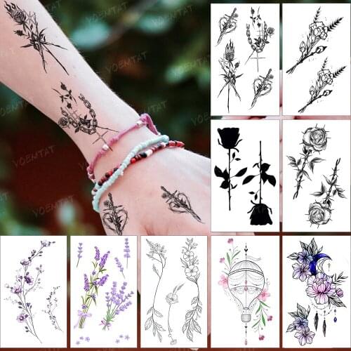 Waterproof Temporary Tattoo Sticker Black Chain Rose Flower Tattoo Dark Wind Finger Hand Henna Tatoo Woman Man Child Fake Tatto