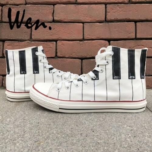 Wen New Arrival Hand Painted Shoes Design Custom Piano Keys Men Womens High Top White Canvas Sneakers Gym Trainer Plimsolls