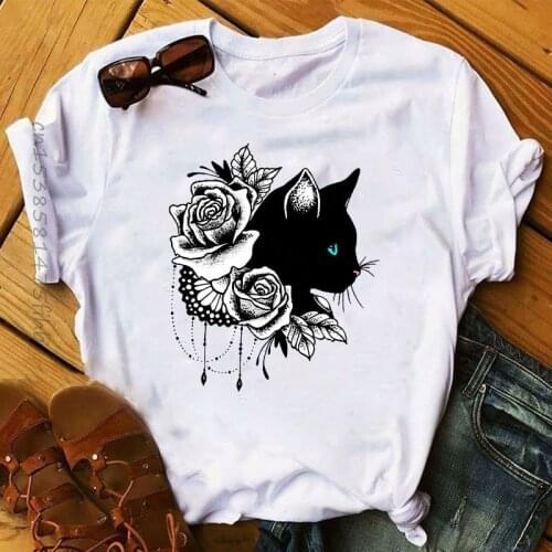 Premium Women Cat Lover Cool Flower Animal Print Pet Lady Clothing Ladies Graphic Female Womens Top T Shirt T-Shirts Tee T-Shirt