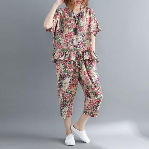 All-Match Floral Print Women Suits Summer Style Ruffles T Shirt + Calf-Length Pants Two Piece Set All-Match Casual Outfits 2021