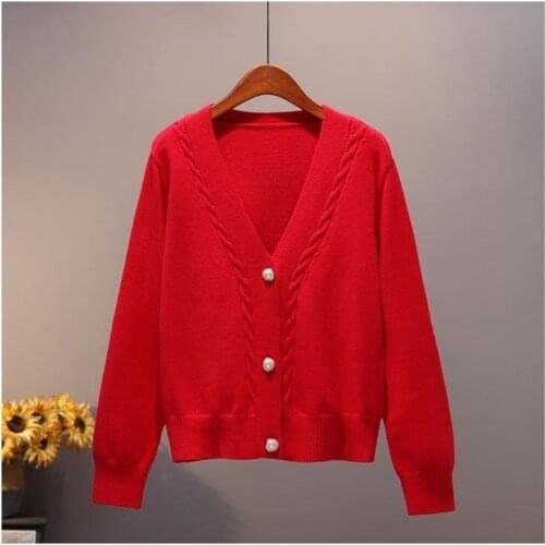Womens Sweater Fall Winter New Cardigan V Neck Pearl Single Breasted Loose Short Thicken Sweater Sweet Full Sleeve Knitting Top