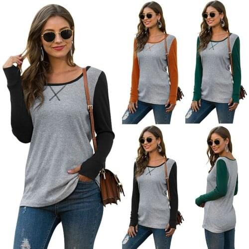 Crew Neck Long Sleeve Women Finger Hole 2-Color Stitching Top Fall 2020 New Fashion Casual Comfortable Slim Fit T-shirt Pullover