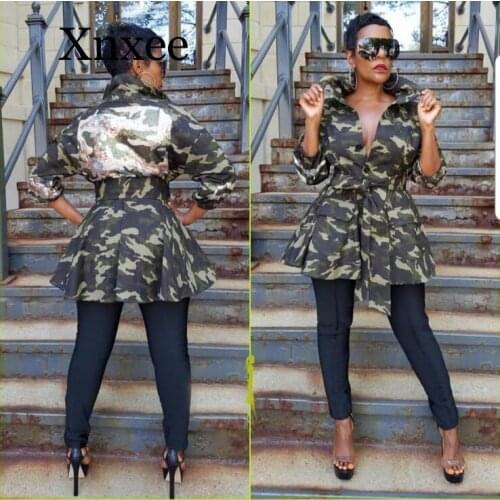 Long autumn hot 2019 casual camouflage coats women full sleeve v-neck long coats ladies single breasted slim outerwear
