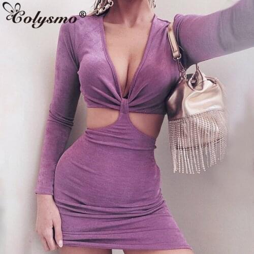 Colysmo Knitted Dress Long Sleeve Patchwork Ruched Cut out Lace up Bodycon Mini Dress Women Backless V Neck Sexy Party Vestidos