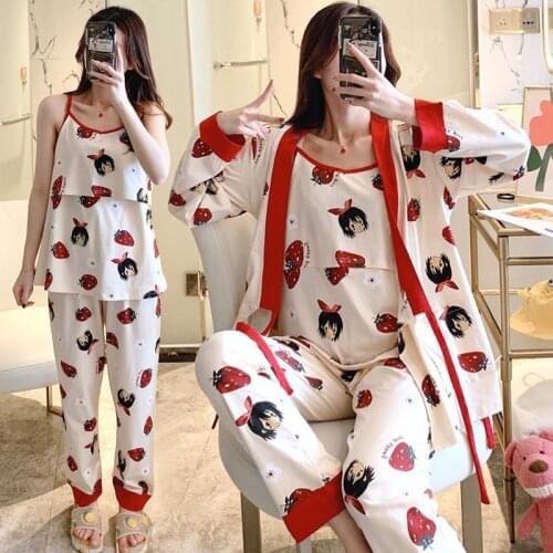 3PCs/set Cartoon Printed 100% Cotton Maternity Nursing Sleepwear Nightwear for Pregnant Women Pregnancy Pajamas Lounge Set