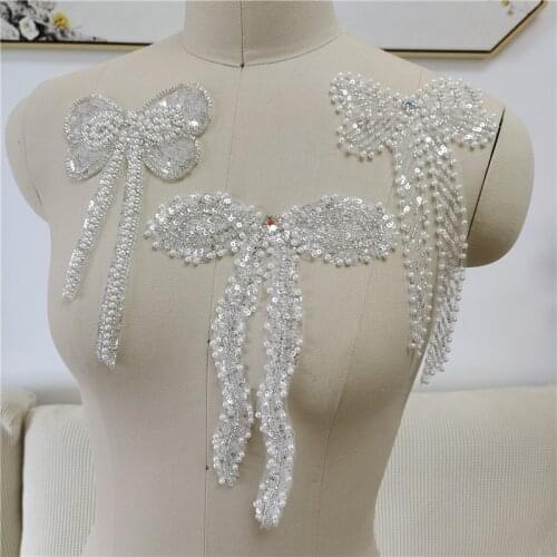3D Heavy Handmade Beading Lace Patches Pearls Bow DIY Wedding Dress Veil Sewing-On Patches V2782