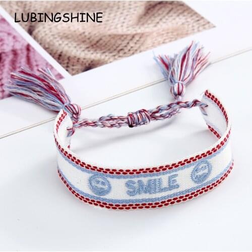 Ethnic Letter Embroidery Friendship Bracelet for Women Men Adjustable Hand-woven Cotton Rope Tassel Smile Bracelets Anklets
