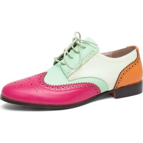 Womens Round Toe Match Colors Brogue Lace Up Carved Wingtip Shoes Creepers Oxfords Genuine Leather Plus Size 3Colors New 2021