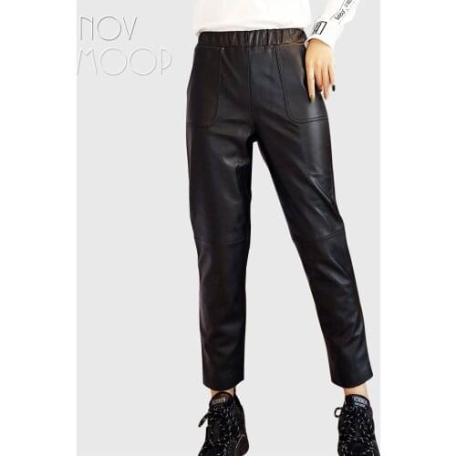 Novmoop casual style women summer autumn black elastic waist sheepskin genuine leather harem pants spodnie damskie LT3072
