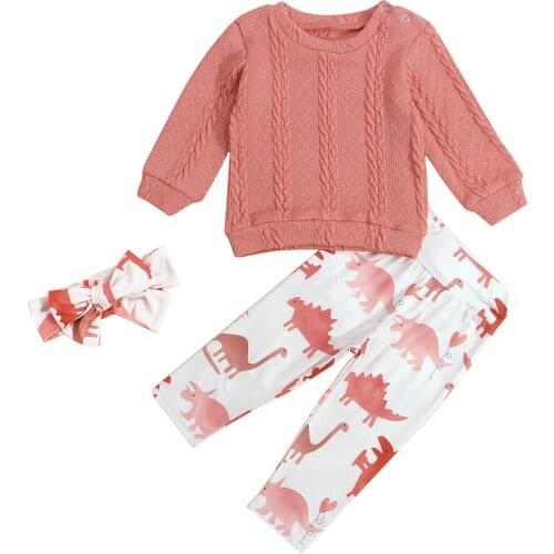 3Pc Kids Autumn Cotton Tracksuit Round-Neck Long Sleeve Knit Sweater Dinosaur Print Pants Hairband for Baby Girls Pink