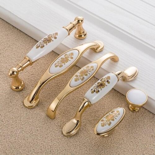 European Gold Flower Ceramic Handle Pull Modern Simple Cabinet Wardrobe Door Knob Cabinet Classical Antique Pulls Hardware