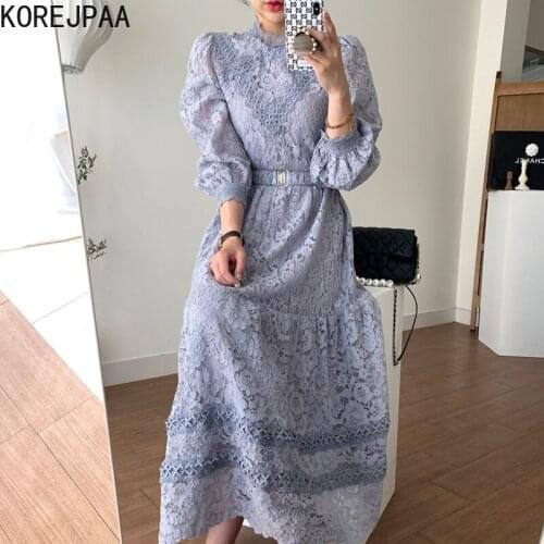 Korejpaa Korea Retro Dress Women 2021 Autumn New Fashion Female Lace Hook Flowers Puff Sleeve O-neck High Waist Long Vestidos