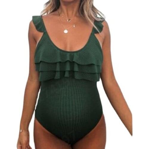 Pregnant Woman Swimwear Solid Color U-Neck Sleeveless Ruffled Bathing Suit Swimming Suit for Women Plus Size Brazilian Bikini
