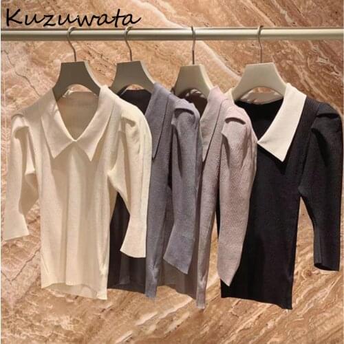 Kuzuwata 2021 Autumn New Fashion Sweet Jumper Turn Down Collar Half Sleeve Slim Ribbing Knitted Pullover Japanes Women Sweaters