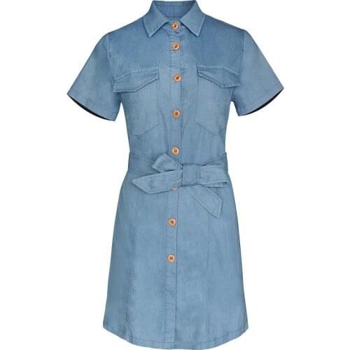 Summer Women Denim Dress Elegant Fashion Turn-down Collar Lace Up Mini Short Dress Female Vintage Slim Short Sleeve Jean Dresses