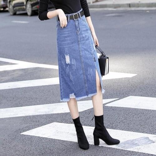 Fashion Long Denim Skirt Women Summer Blue Hole Ripped Jeans Skirt Female Side Split Belted Streetwear Skirts Plus Size 5XL