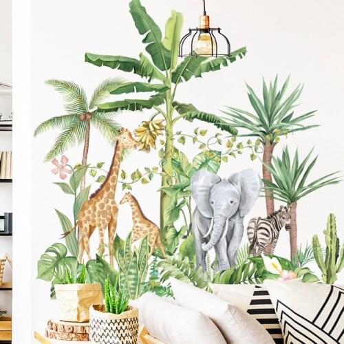 Nordic Tropical Plant Wall Stickers Living Room Sofa Bedroom Decoration Mural Rainforest Elephant Giraffe Wall Decals Home Decor