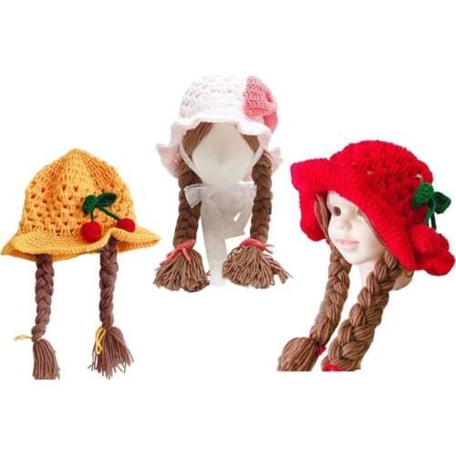 Handmade Knitted Baby Girls Wig Hat Infants Photography Props Headwear Newborn Wigs Brades Kids Crochet Cap with Plaits 24BE