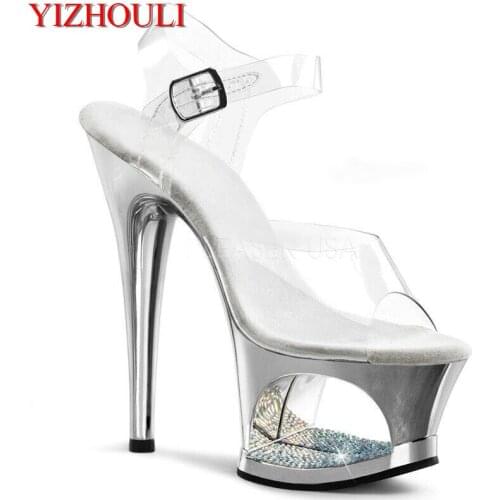 17 cm electroplated hollow waterproof platform with high-heeled buckle sandals, stage show dancing shoes