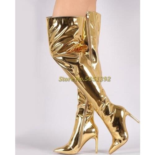Patent Leather Over The Knee Boots Zipper Sexy Pointed Toe Solid Women Boots Shiny Fashion Thin High Heel Boots Thigh High