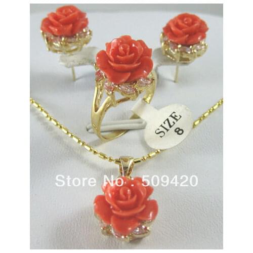 Good Wholesale>>>new Pink Rose coral flower Pendant Earring Ring Sets