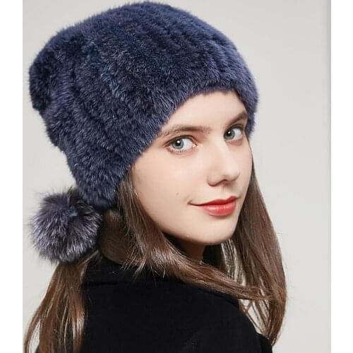 Womens natural knitted fur mink hat with fox plush pom pom caps to keep warm, luxury and elastic ponytail hat Russia hot sale