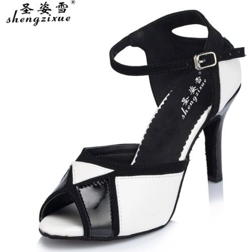 WUXIJIAO Black and white color matching adult Latin dancing shoes womens high-heeled dancing in the square dancing shoes