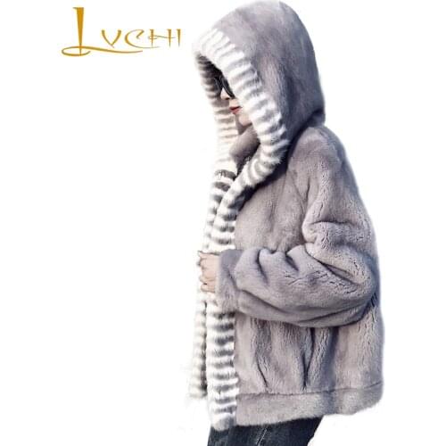 LVCHI Women Winter Real Fur Coat 2019 Batwing Sleeve Mink Coat Female Thick With Hat Natural Fur Women Import Velvet Mink Coat