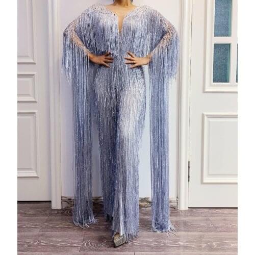 2020 Silver Gray Fringe Rhinestones Jumpsuit Birthday Celebrate Tassel Bodysuit Stage Dance Leggings Women Singer Dancer Outfit