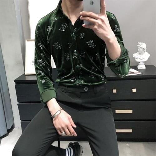 2021 Brand clothing Spring velvet floral print shirts/Male High quality lapel slim fit fashion Party dress shirt/Plus size S-3XL