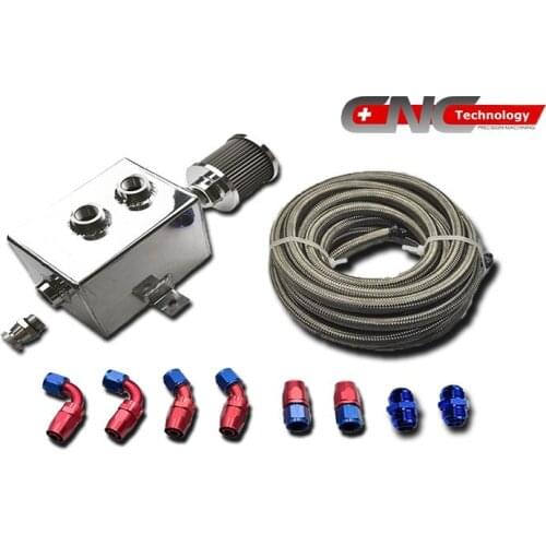 2L_OT_PO_SS - 2L SILVER ALUMINIUM OIL CATCH CAN TANK KIT AN10 STAINLESS STEEL HOSE