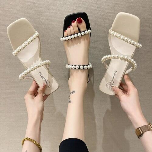 2021 Summer Autumn Shoes Sandals Women Luxury Pearl String Bead Designer Fashion Slides Square Heel Slippers Big Szie 43