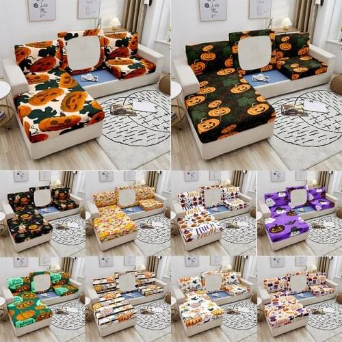 Halloween Corner Sofa Seat Cover Pumpkin Elastic Sofa Cushion Cover Sectional Sofa Protector Removable Couch Slipcover