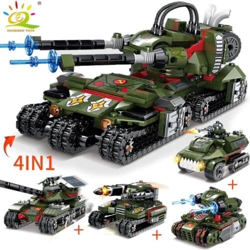 HUIQIBAO Military Tank 1083pcs 4in1 Building Blocks Set WW2 Truck Army Brick with 4 Soldier Figure Construction Toy For Children
