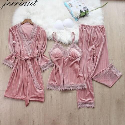 Jerrinut 3pcs Gold Velvet Pajamas Set For Women Warm Pyjama Sexy Lace Pajamas Winter Sleepwear Nightdress Homewear Pijamas