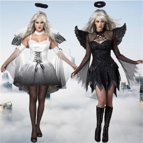 Demon Angel Halloween Women Cosplay Costumes White Black Fallen Halo and Wing Carnival Party Streetwear Fancy Dress Adult