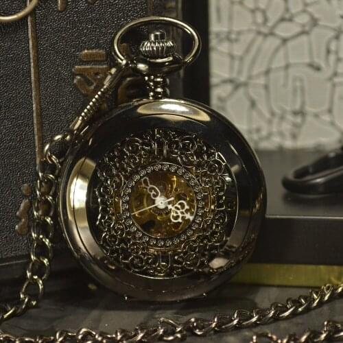 TIEDAN Black Skeleton Mechanical Pocket Watch Men Antique Luxury Brand Necklace Steampunk Pocket & Fob Watches Chain Male Clock