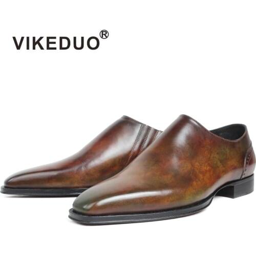 VIKEDUO Patina Fashion Loafers Shoes Men Genuine Leather Wedding Office Shoes Casual Square Leather Sole Mans Footwear Zapatos