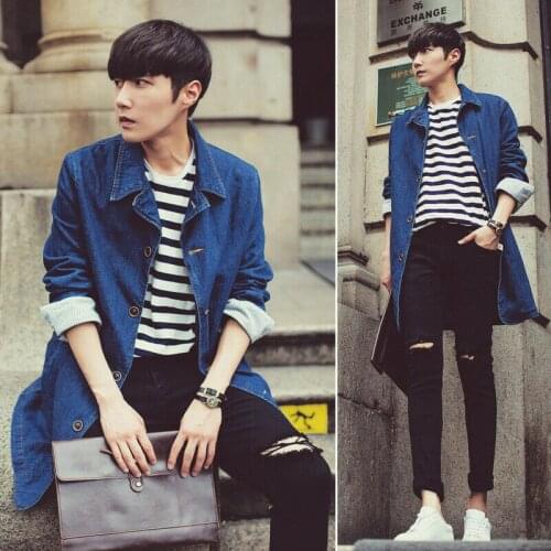 Mens Fashion Trench Coat Jacket Denim Long Coat Casual Loose Korean Slim