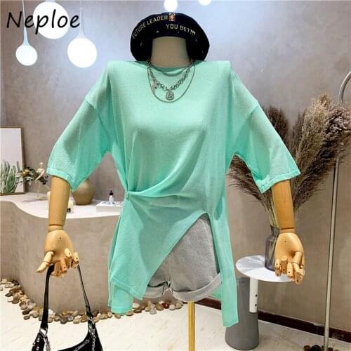 Neploe O Neck Short Sleeve Pullover T Shirt Women Fashion Irregular Split Design Causal Tees Summer 2021 New Multicolor Top