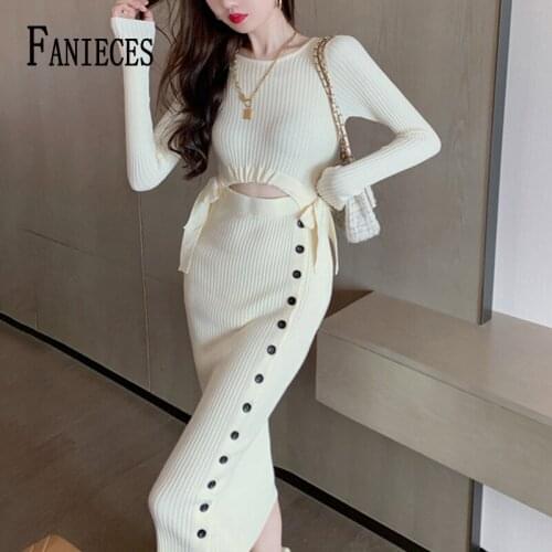 FANIECES Pure Color Dress 2011 Autumn Long Sleeve Bodycon Midi Dresses French Elegant Ribbed Knitted Pencil Dress Partywear