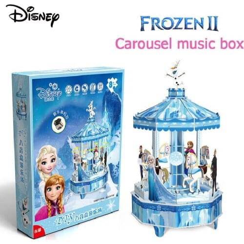 Disney Frozen 2 Elsa 3D Plastic Puzzle Toy Hand Movement DIY Carousel Music Box Children Educational Toys Birthday Gift For Kids