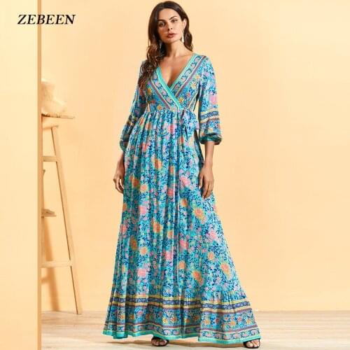 Maxi Floral Print Dress for Women V-Neck Fashion Split Bohemian Lace Up The Waist Casual Beach Holiday Long Dresses Female